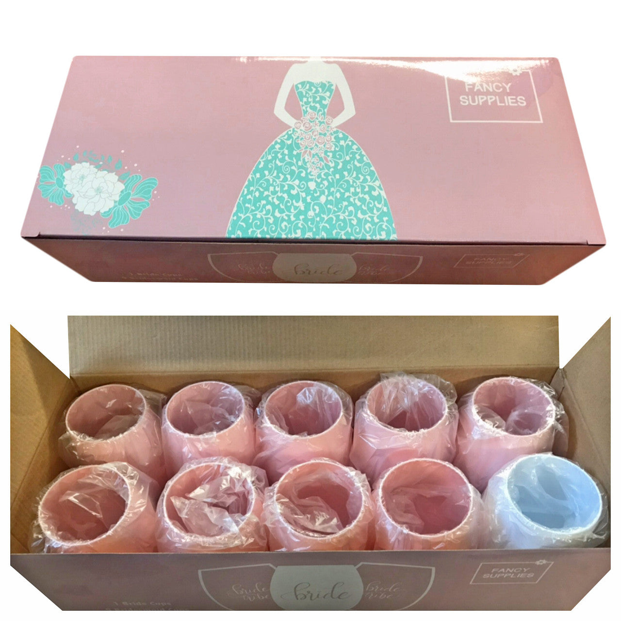 10 Pink Stemless Wine Cups 1 Bride + 9 Bride Tribe Glasses Pink White plastic bachelorette bridesmaid maid of honor 