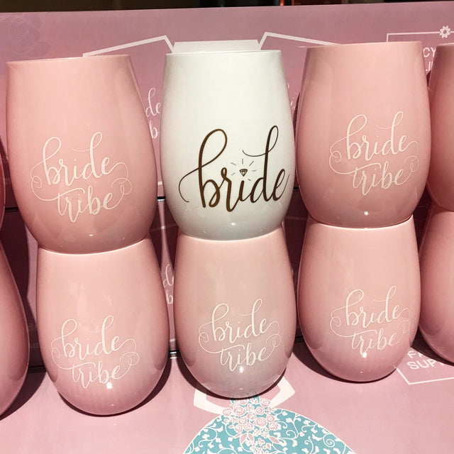 10 Pink Stemless Wine Cups 1 Bride + 9 Bride Tribe Glasses Pink White plastic bachelorette bridesmaid maid of honor 