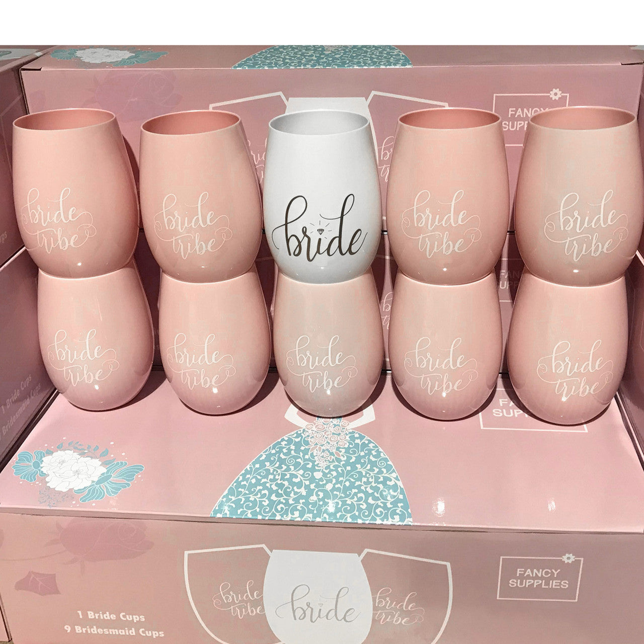 10 Pink Stemless Wine Cups 1 Bride + 9 Bride Tribe Glasses Pink White plastic bachelorette bridesmaid maid of honor 
