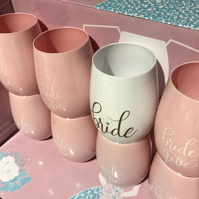 10 Pink Stemless Wine Cups 1 Bride + 9 Bride Tribe Glasses Pink White plastic bachelorette bridesmaid maid of honor 