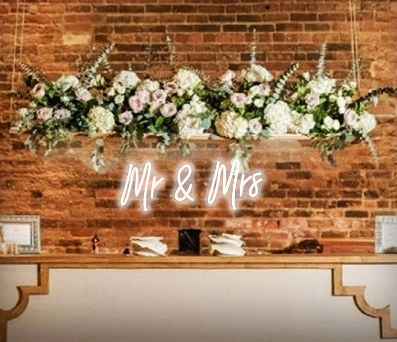 Mr & Mrs White Neon Sign Decorative Wedding Clear Acrylic Backed for Hanging or Mounted Decor