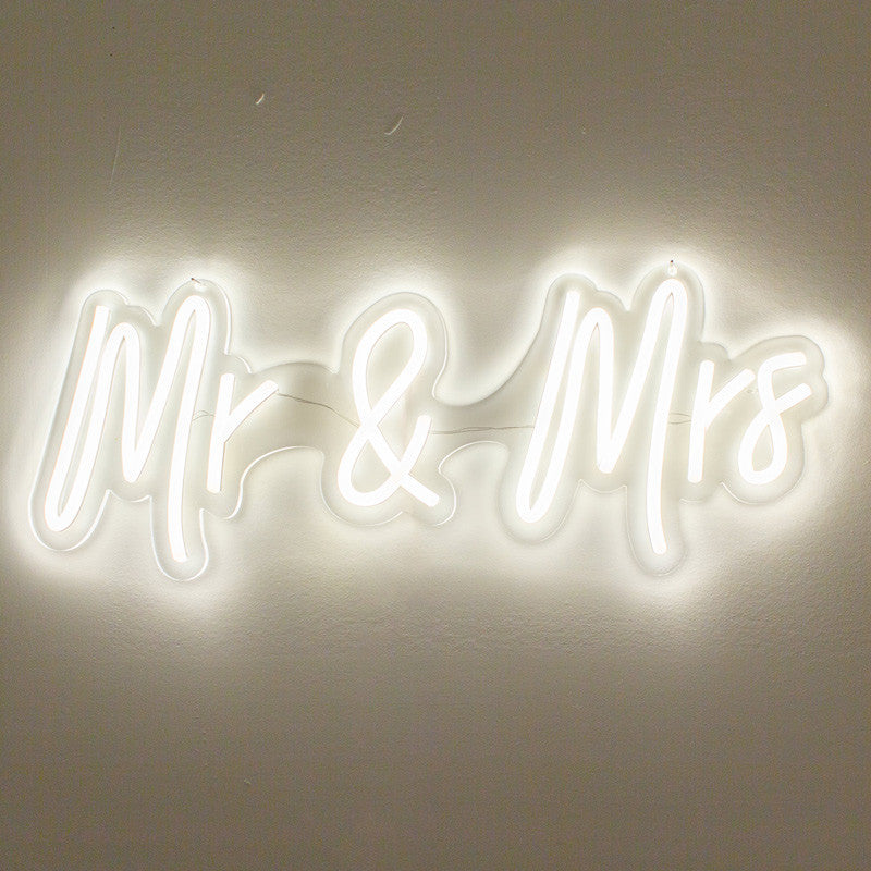 Mr & Mrs White Neon Sign Decorative Wedding Clear Acrylic Backed for Hanging or Mounted Decor