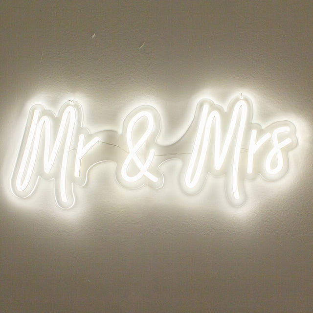 Mr & Mrs White Neon Sign Decorative Wedding Clear Acrylic Backed for Hanging or Mounted Decor